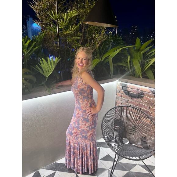 CAROLINE CONSTAS Blue Floral Mock Neck Sleeveless Trumpet Brigitta Gown Size M - Picture 7 of 15